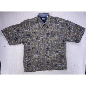 Bugle Boy Company Men's L Ramie Cotton Short Sleeve Ship Anchor Shirt Tan Scene